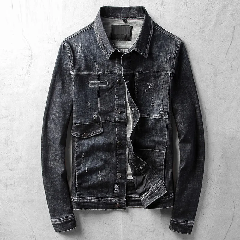 Spring Fall Casual Mens Black Ripped Distressed Pockets Denim Jacket