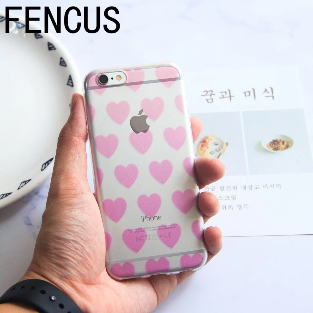 FENCUS Pink Love Heart Phone Cases For iphone X Cover 5 5S 6 6S 7 8 Plus Fashion Soft TPU Clear Ultra Slim Capa |