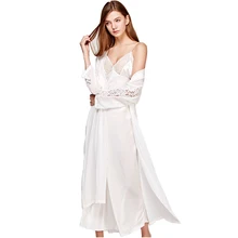 Robe de nuit en soie deux pièces pour femme | Robe-culotte élégante, en dentelle, manches longues, peignoirs T0008