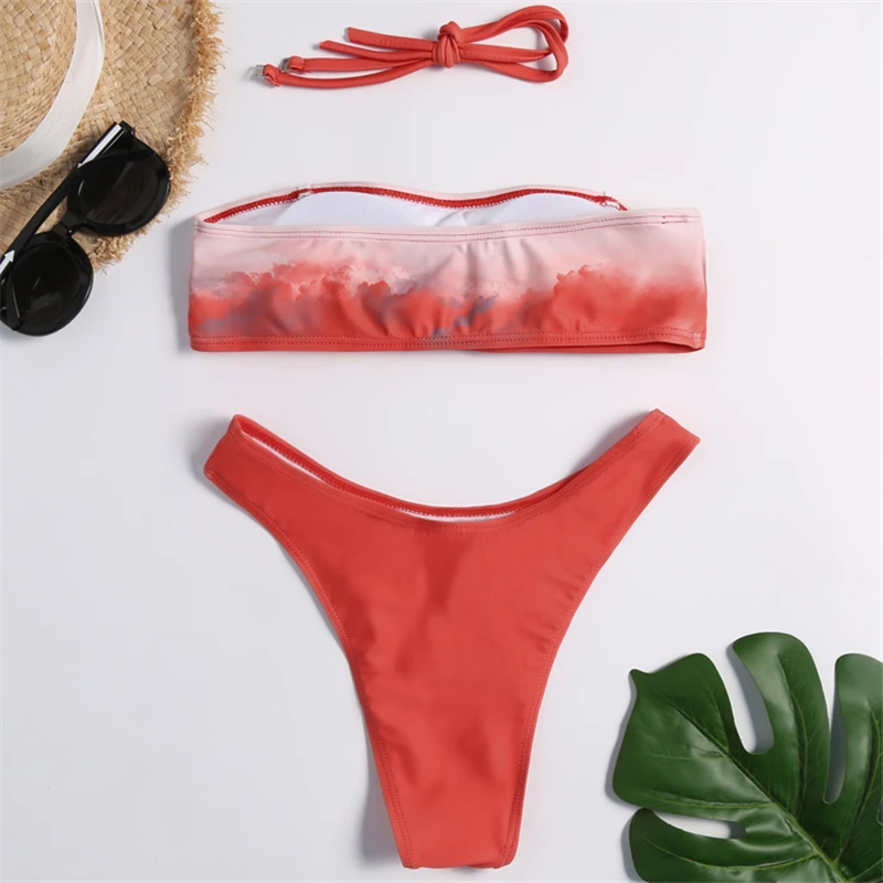

New arrival Real Print coral red gradual change Bikini Set Bandeau Basic Swimwear Women high rise Lady Maillet De bain/Drop ship