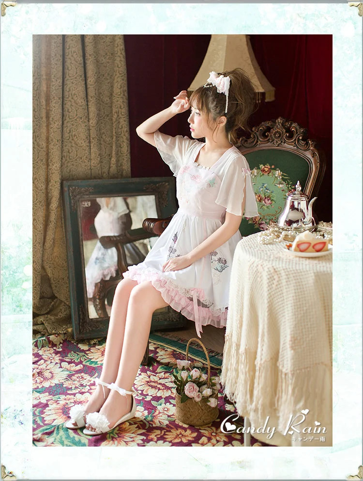 Принцесса сладкий Лолита конфеты дождь платье японским цветочным шифон сладкий бабочка рукав печати платье трапециевидной формы C22AB7164