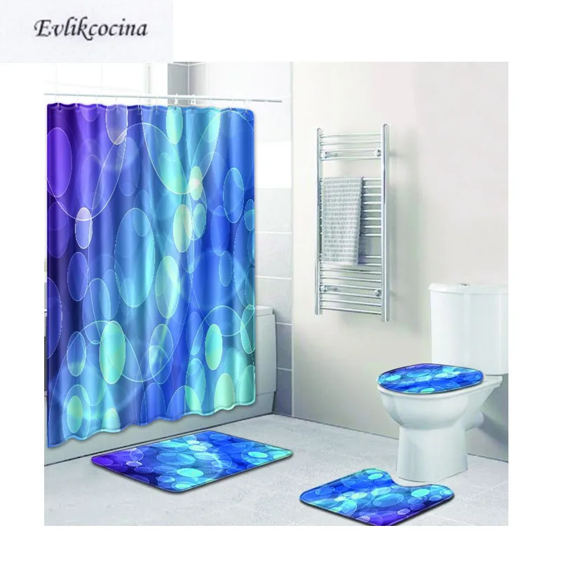 Free Shipping 4Pcs Shining Blue Bubbles Banyo Paspas Bathroom Bath Mats Set Tapete Banheiro Washable Toilet Rugs Alfombra Bano | Дом и сад