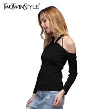 TWOTWINSTYLE футболка с открытыми плечами Женская трикотажная Холтер с длинным рукавом базовый тонкий пуловер Топы Весенняя модная одежда