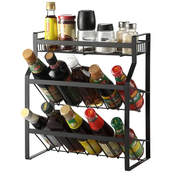 

Stainless steel spice rack,Kitchen countertop three-layer condiment storage rack black or silver oblique bottle rack,save space