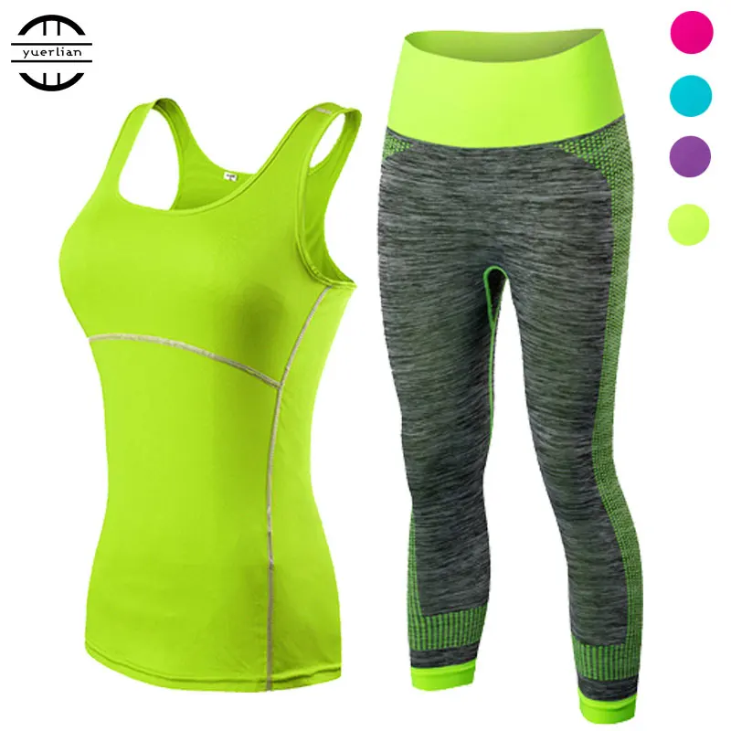 yuerlian Ladies Sports Running Cropped Top 3 4 Leggings Yoga Gym Trainning Set Clothing workout font