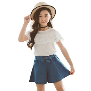 

Girls Clothing Sets Summer Short Sleeve White Lace T-shirt Shorts Sets 8 10 12 14 Years Kids Clothes Suits Children Girl
