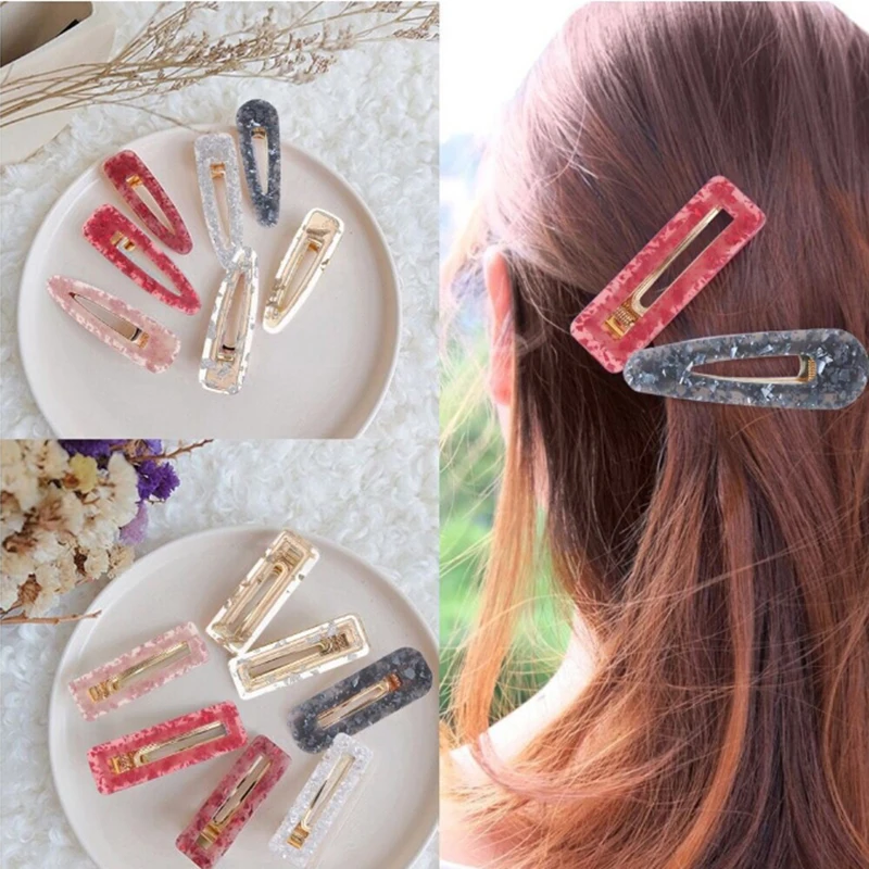 2PCS Acrylic Hollow Waterdrop Rectangle Hair Clips Tin Foil Sequins Hairpins Barrettes Headband Hair Accessories Women Girls