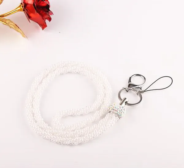 

1pcs White Color New Arrive Lady's Pearl Mobile Phone Lanyard Strap Decorative Bling Crystal ID Neck Lanyards Key Holder