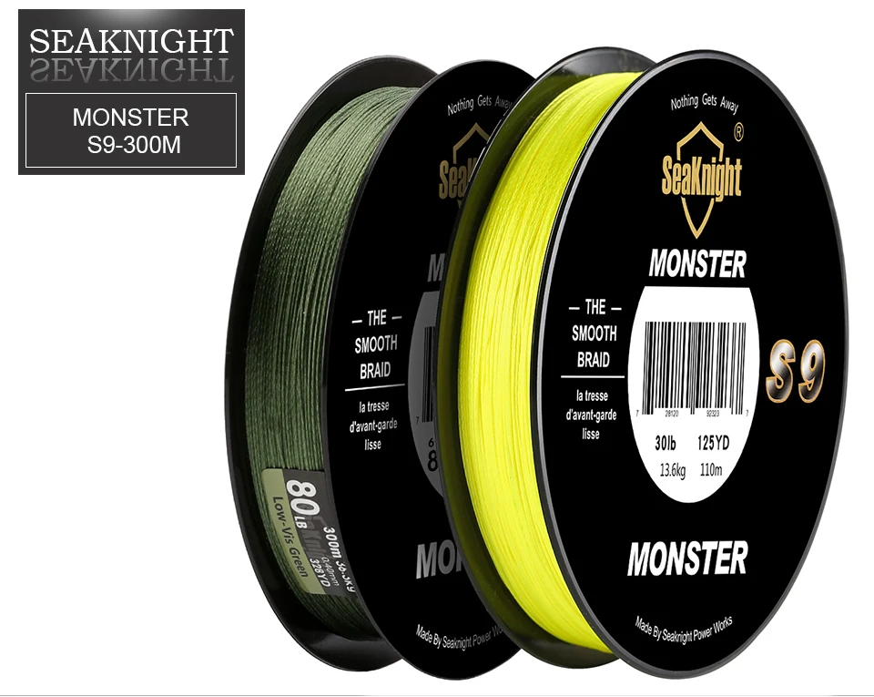 SeaKnight Monster S9 300 м плетеные рыболовные лески, 9 нитей, многофиламентные, PE, желтый, зеленый, 30 фунтов, 40 фунтов, 50 фунтов, 80 фунтов, 100 фунтов