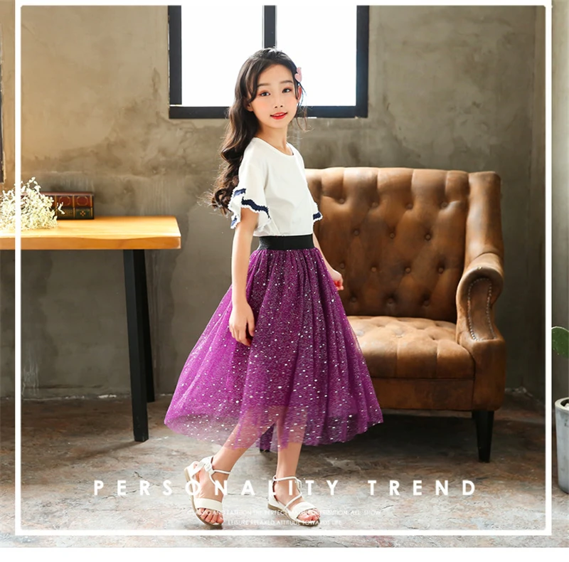 Cutyome принцессы для девочек-подростков; звезды с блестками юбка, Модный корейский комплект детской Тюлевая юбка Дети длинное бальное платье из сетчатой ткани