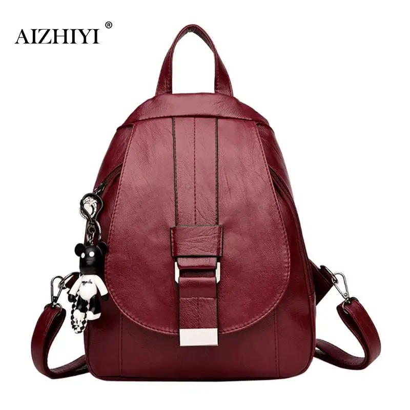 Koop Vrouwen PU Lederen Rugzakken Vrouwelijke Pure Rits Rugzakken Casual Schoudertassen Tienermeisjes Draagbare Reizen Schooltas met Beer