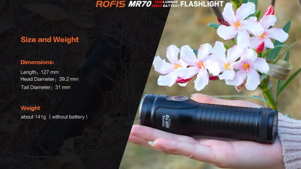 Rofis MR70 флэш-светильник 3500 люмен поисковый светильник с 26650 перезаряжаемой батареей и USB прямой зарядки имеет power bank funtion