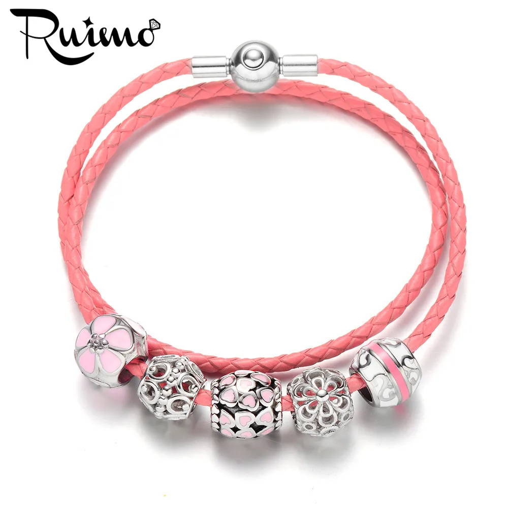 

RUIMO 316L Stainless Steel Beaded Women Bracelet Pink Genuine Leather Braided Beaded Charm Bracelet Women Rope Chain Bracelet