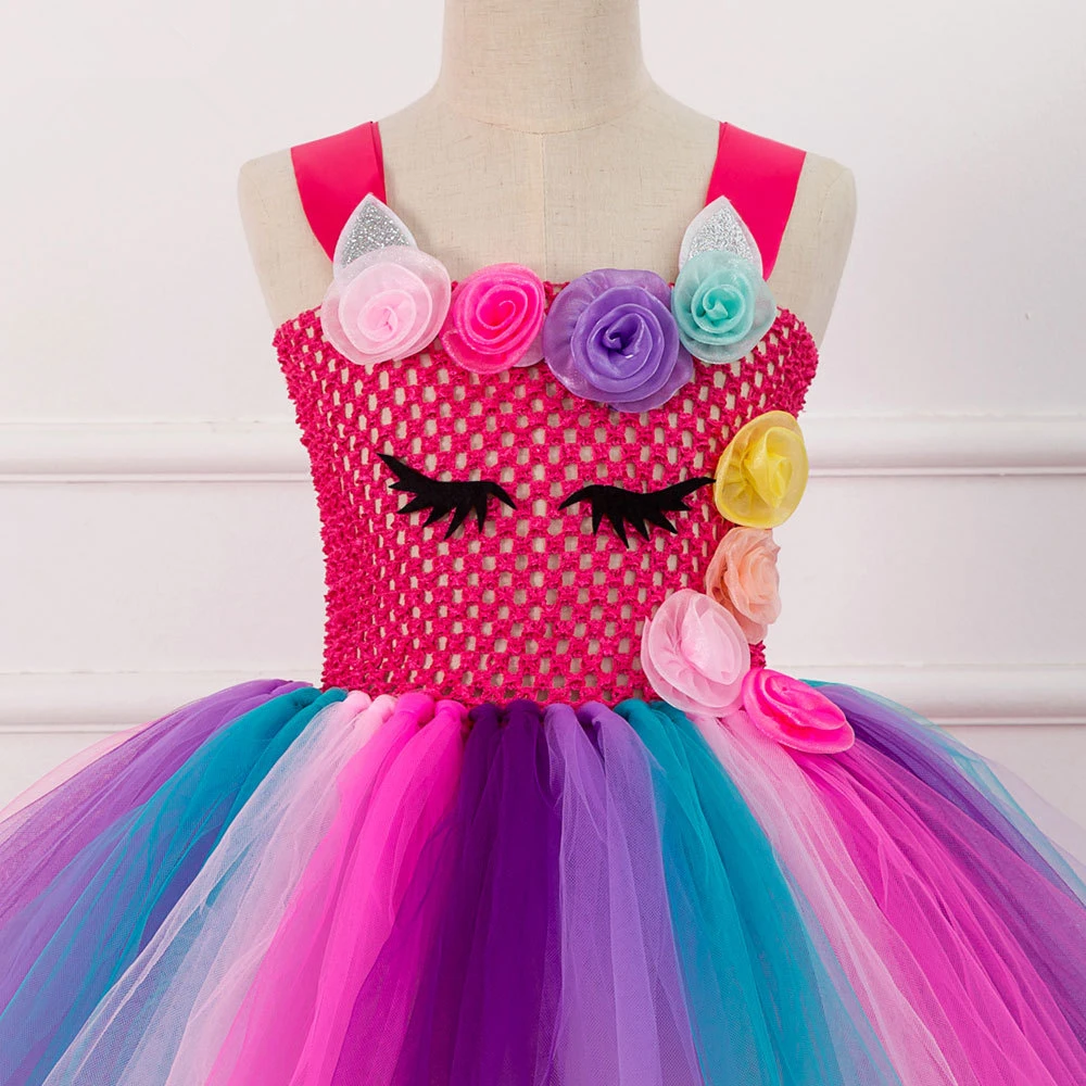 Halloween Girl Rainbow Unicorn Costumes Flower Kids Tutu Dresses Unicornio Party Birthday Girls Dress Headband For Children Sets (2)