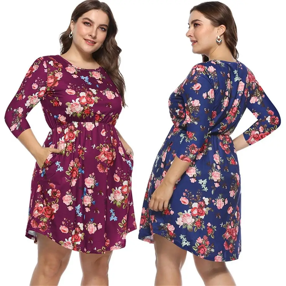 Autumn O Neck Long Sleeve Flower Print Dress Women Casual Knee-Length Dresses High Waist Plus Size 2018 New Oversize |