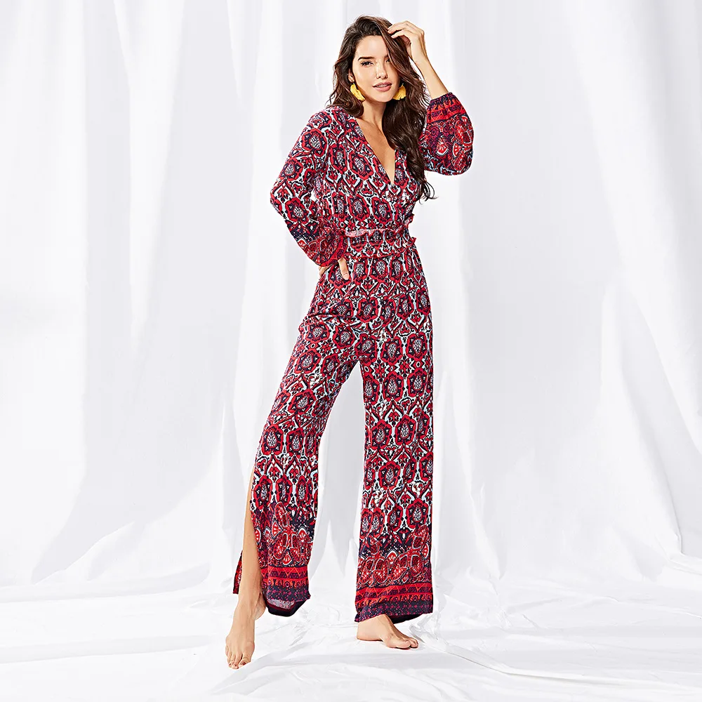 Women's printed V-neck pants, Red Printed casual suit, women's wear Women's printed V-neck pants, Red Printed casual suit, women's wear