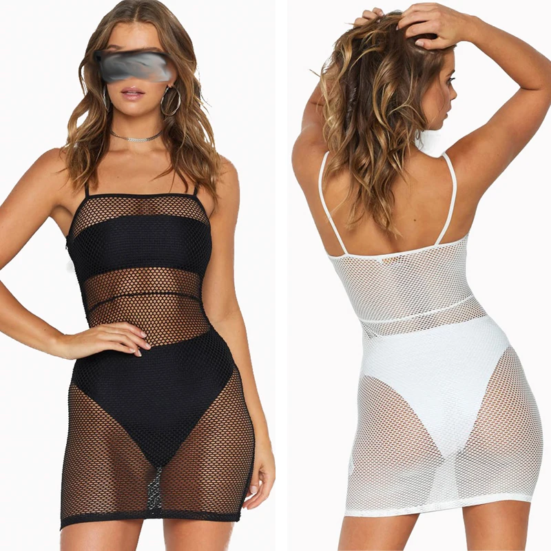 

2019 New Summer Spaghetti Strap Mini Dress Square Neck Sexy Fishnet Hollow Out Grid Backless Party Dress Bodycon Vestido rejilla
