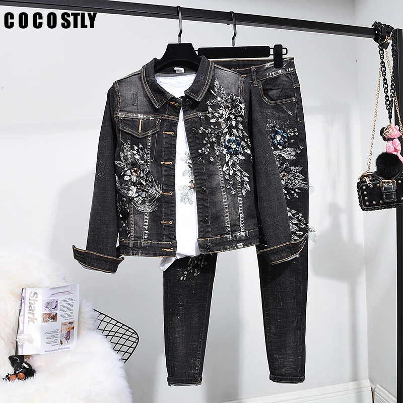 

Women's Sequined Flower Embroidery Denim Jacket + Stretch Pants Suits 2019 Female Casual Two Piece Sets Woman Matching Set