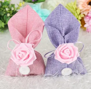 

20pcs/lot Cute Purple Wedding Candy Bag With Pink Color PE Rose Flower And Sweet Love Card DIY Beautiful Party Favor Gift Box