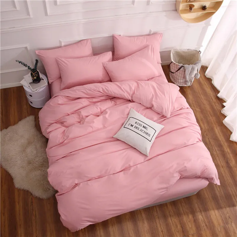 Cute Girl Style Pink Solid Color Bedding Set Queen Size Duvet