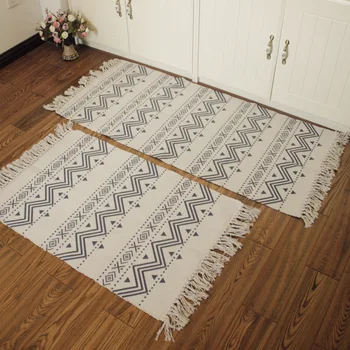 

New Cotton Linen Bedside Carpet Geometric Woven Mat Bathroom Living Room Carpets Hand Made Indian Rug Bohemia Printing Mat