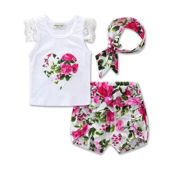 

T-shirt Top Sleeveless Cotton Floral Shorts Outfit Clothing Set Girl 2PCS Toddler Kids Baby Girls Clothes Set Outfit