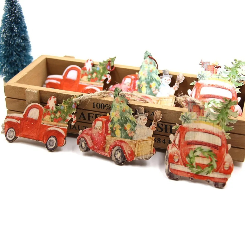 

9PCS Printed Vintage Christmas Car Wooden Pendants Ornaments DIY Wood Crafts Tree Ornaments Kids Gift Home Xmas Party Decoration