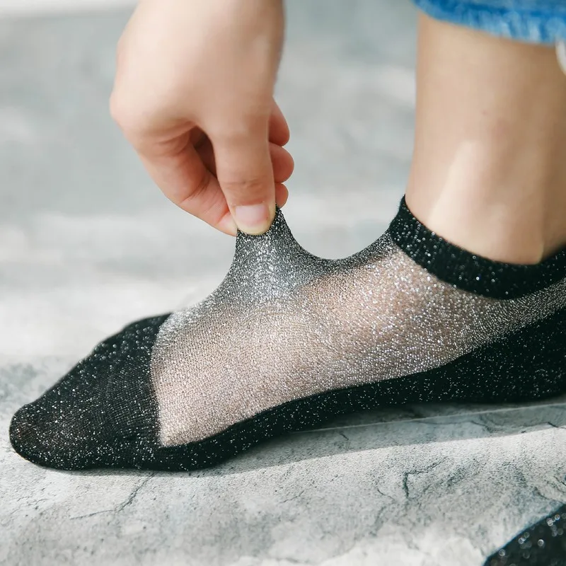 

2017 Women Chic Retro Glitter Gold Silver Transparent Silk Socks