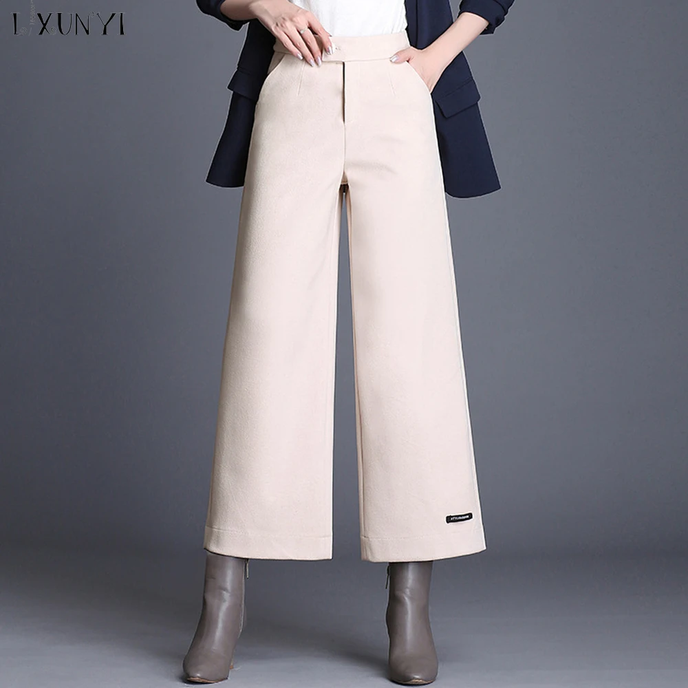 LXUNYI Winter Autumn M 4XL Plus ize Woolen Pants Wide Leg Women