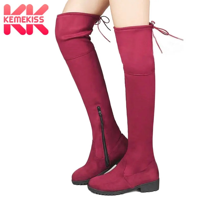 

KemeKiss Size 33-46 Sexy Women Over Knee Elastic Boots Zipper Lace Up High Heel Boots Warm Shoes For Winter Botas Women Footwear