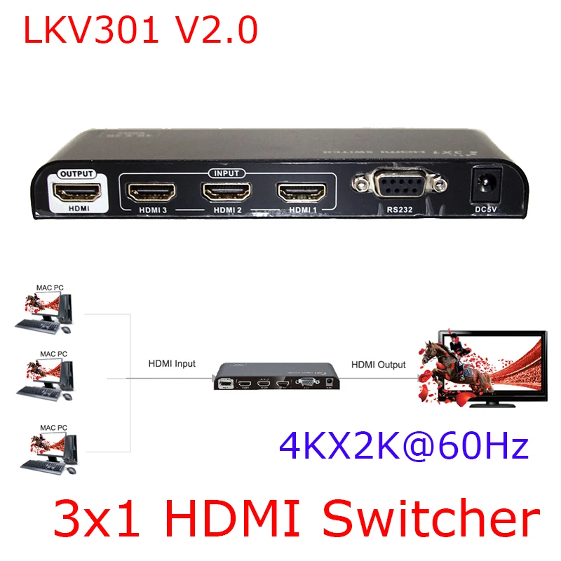 

LKV301 V2.0 Kaycube 4K 3 in 1 out HDMI Switcher. Ultra HD 4K 2K@60Hz. Bandwith up to 18Gpbs. HDMI 2.0 HDCP 2.0 compliant HDMI