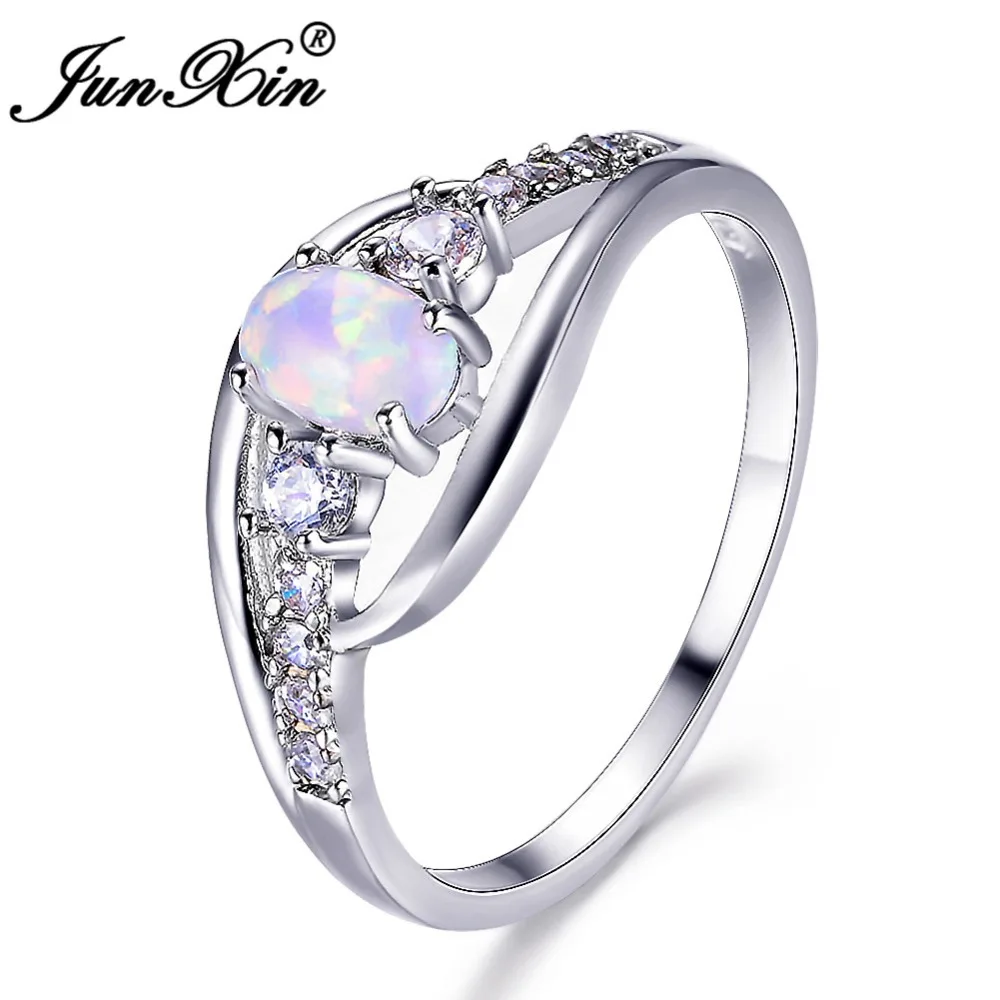 JUNXIN Oval White Fire Opal Ring Female Dainty Zircon