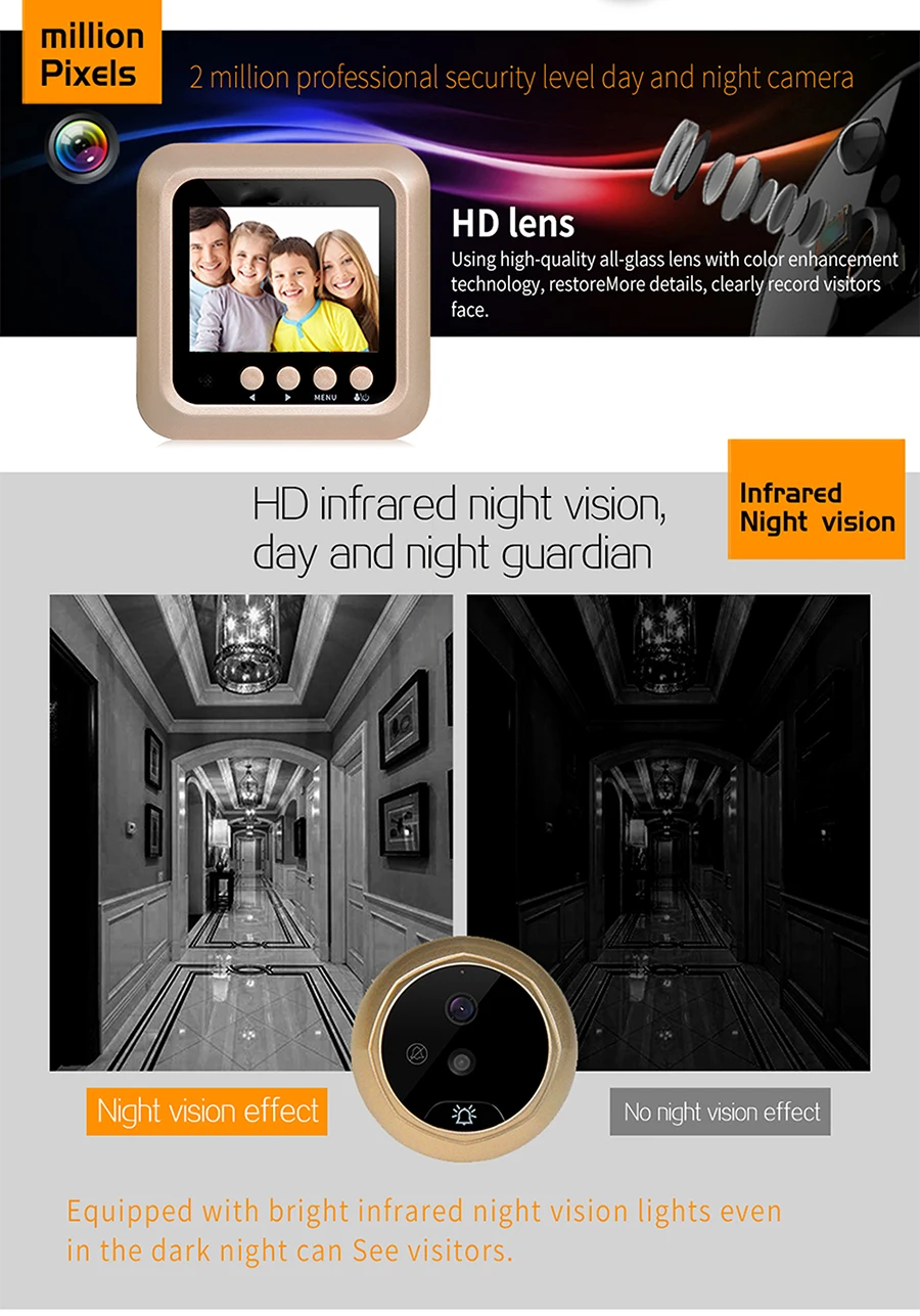 Видео-глаз визуальный монитор дверной глазок камера дюймов 2,4 дюймов ЖК-дисплей 90 градусов угол обзора Беспроводное видео ночное видение