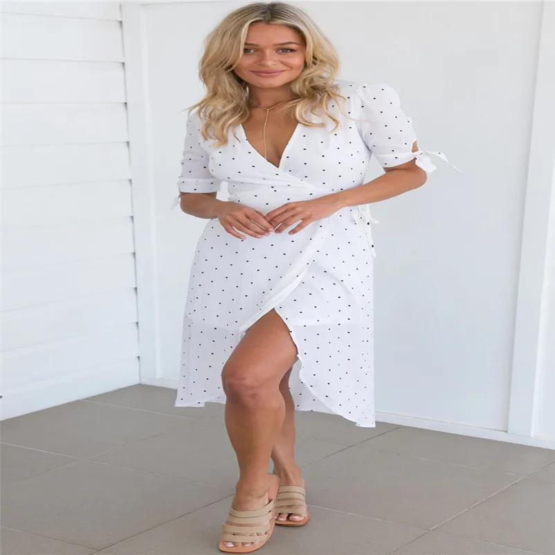 NEW Fashion summer dress 2018 V Neck Short Sleeve Boho Long Maxi Pokla Dot Evening Party Beach Dress vestido de festa Y03#N (1)