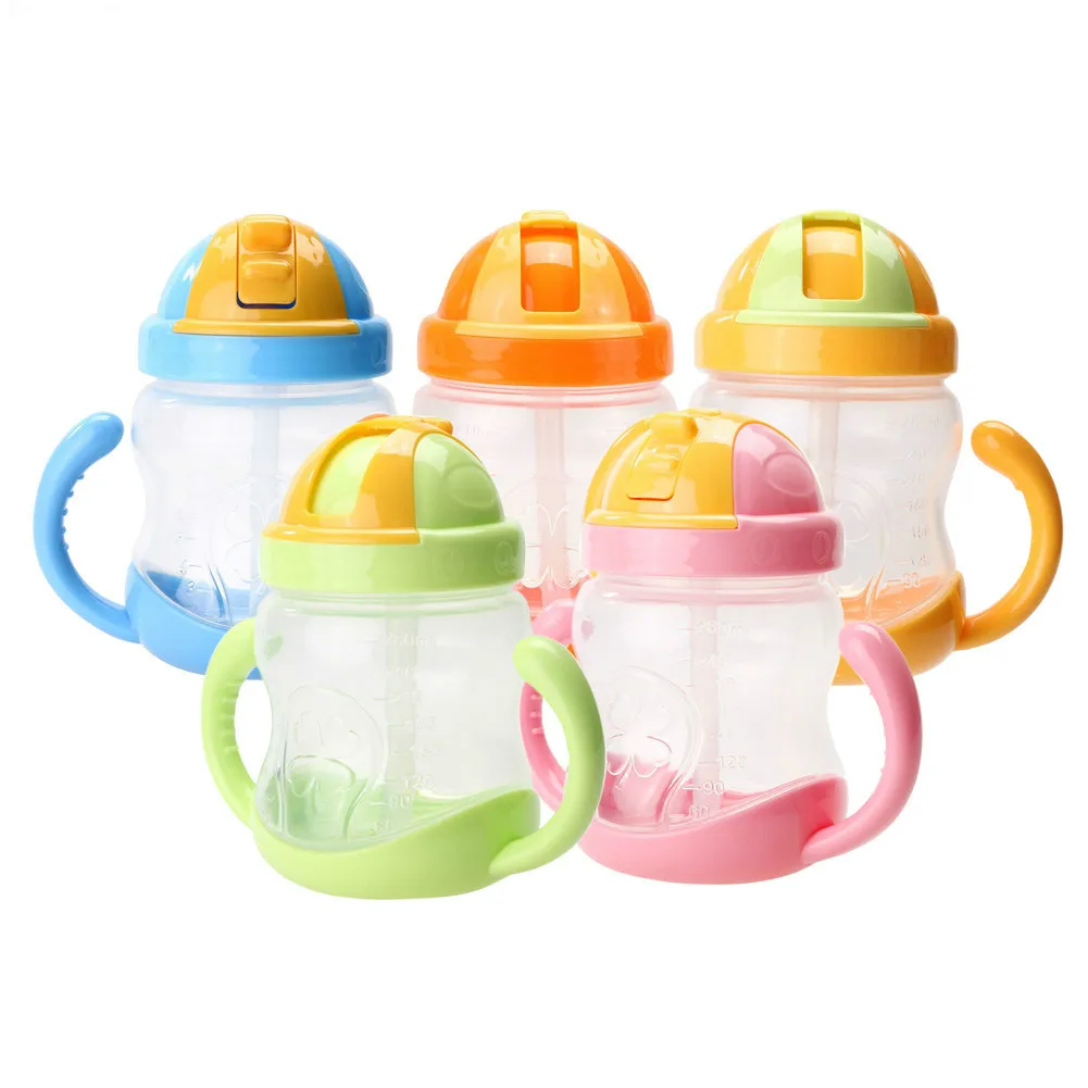 Cute Baby Cup Kids Children Learn Feeding Drinking Water Straw Handle