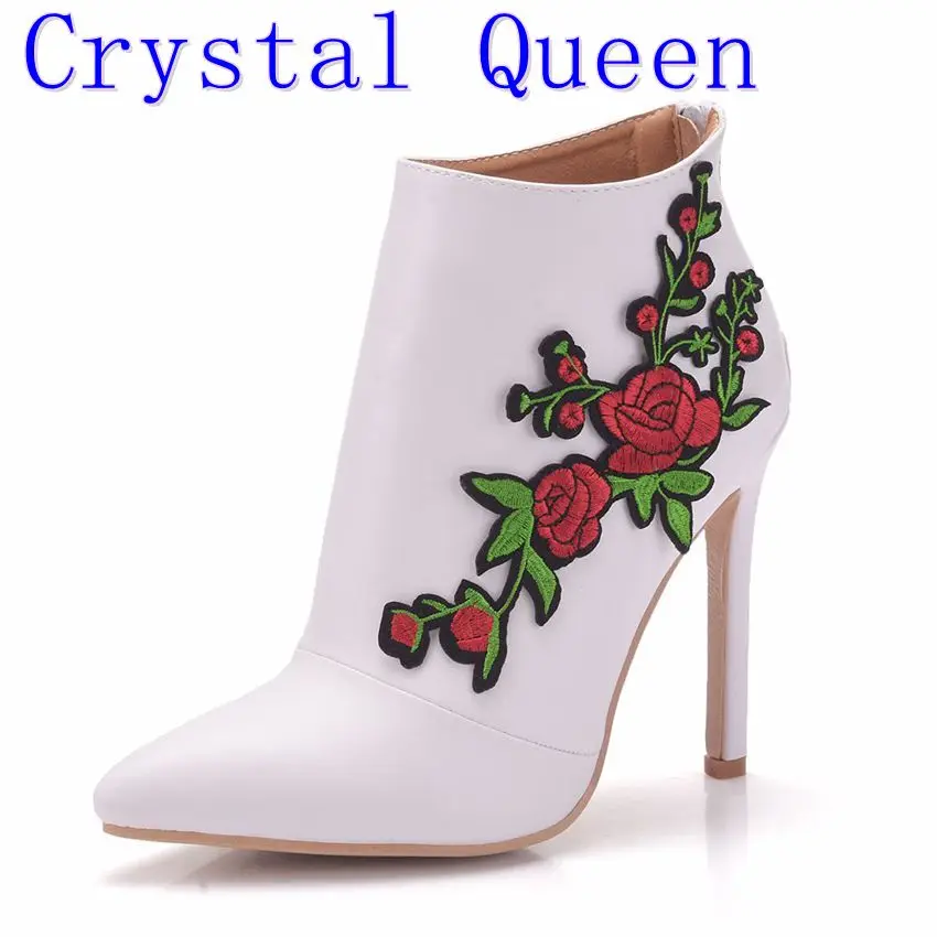 

Crystal Queen Boots Women Sexy High Heel Boots Lace Flower Ankle Boots Bow Platform Shoes Zip Lace Up Ladies Footwear