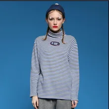 Осенние новые хлопковые Футболки Для женщин Повседневное футболки синий в полоску Футболка Водолазка с длинным рукавом Chic Terry Tee элегантный дизайн