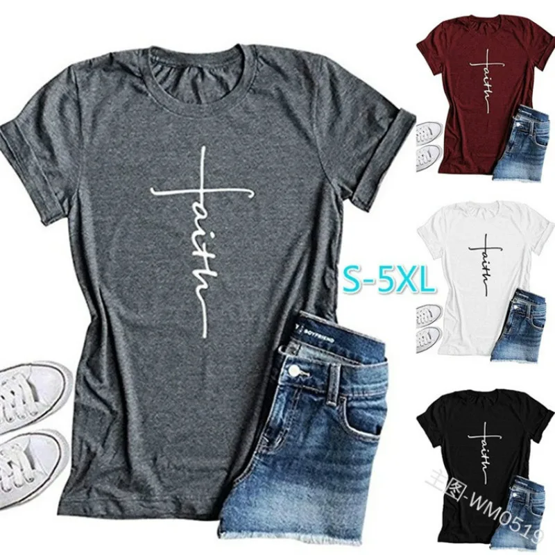 

2018 Women Fashion Qrupoad Women Cross Faith T Shirt Graphic Tees Christian Shirts for Religious Gift
