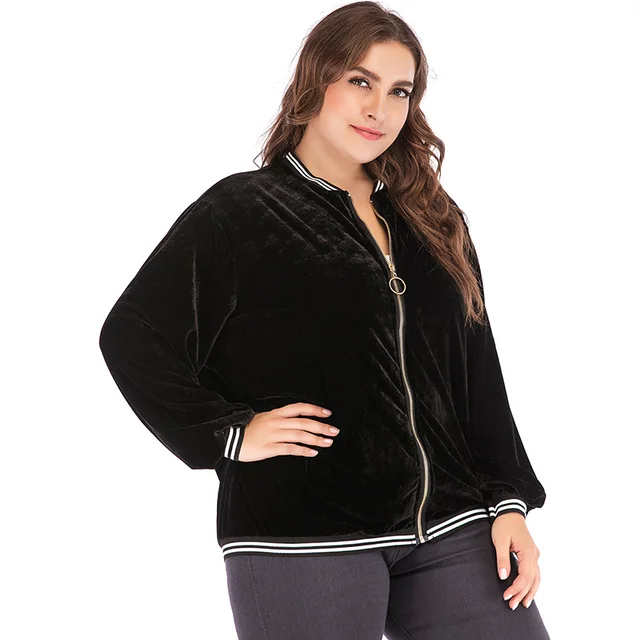 Women Plus Size Bomber Jacket Velvet Contrast Stripes Zipper Long