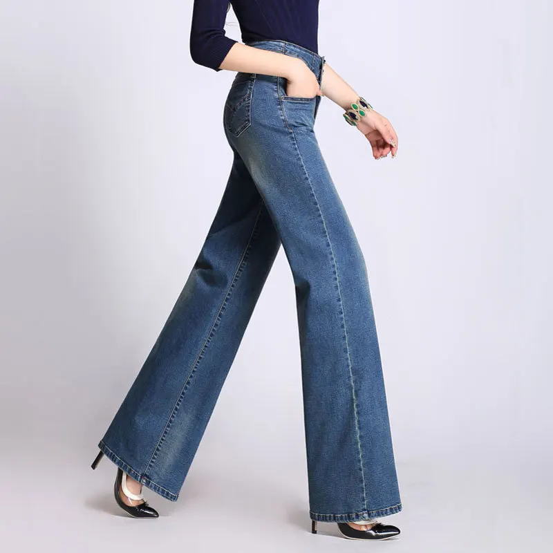 

Women new fashion vintage retro style long jeans high waist wide leg dark light blue spring thick straight jeans for womens 5XL