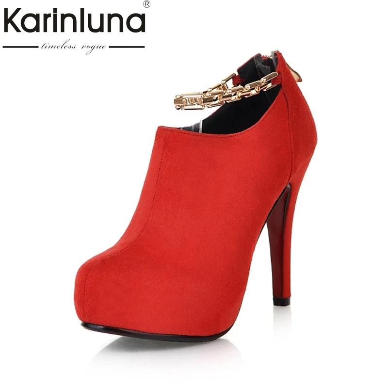 

Karinluna New Top Quality Thin high-heeled Platform Ankle Chains Women Shoes Pumps Spring Flock Party Shoes Woman Footwear