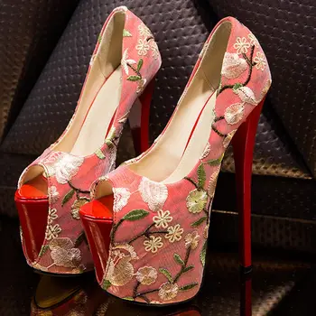 

NEW Embroidered red fish mouth single shoes super high 20cm large size 41-47 yards 22cm women's shoes