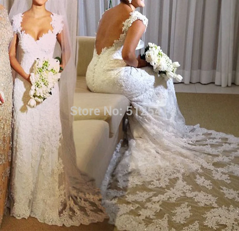 Free Shipping Lace Backless Wedding Dresses Sheath Sweetheart Applique Beads Sequin Cap Sleeve Bridal Gown yk1A096