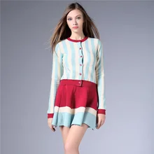 Casual Pleated Striped Full Lantern Sleeve Natural O-neck Above Knee, Mini Worsted Button Autumn Fashion dress