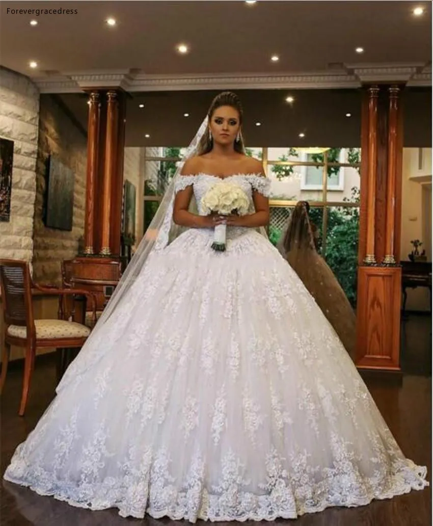 2019 Princess Wedding Dress African Arabic Dubai Off Shoulder Full Lace Long Church Formal Bride Bridal Gown Plus Size image_0