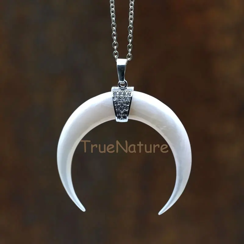 

Wholesale White Shell Crescent Double Horn Charm Necklace Silver Plated Copper Single Bail Chains In 16-32 Inch NM6317