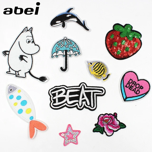 1pc embroidered hippo fish heart flower patches iron on sequined