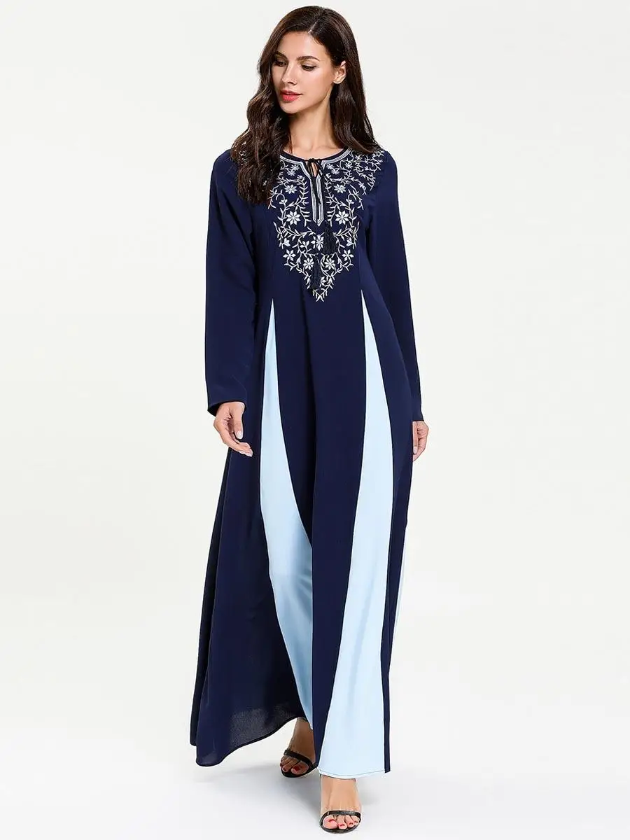 Элегантный мусульманин Для женщин Макси платья Абаи Рамадан одноцветное цветочной вышивкой длинное платье Повседневное мусульманские