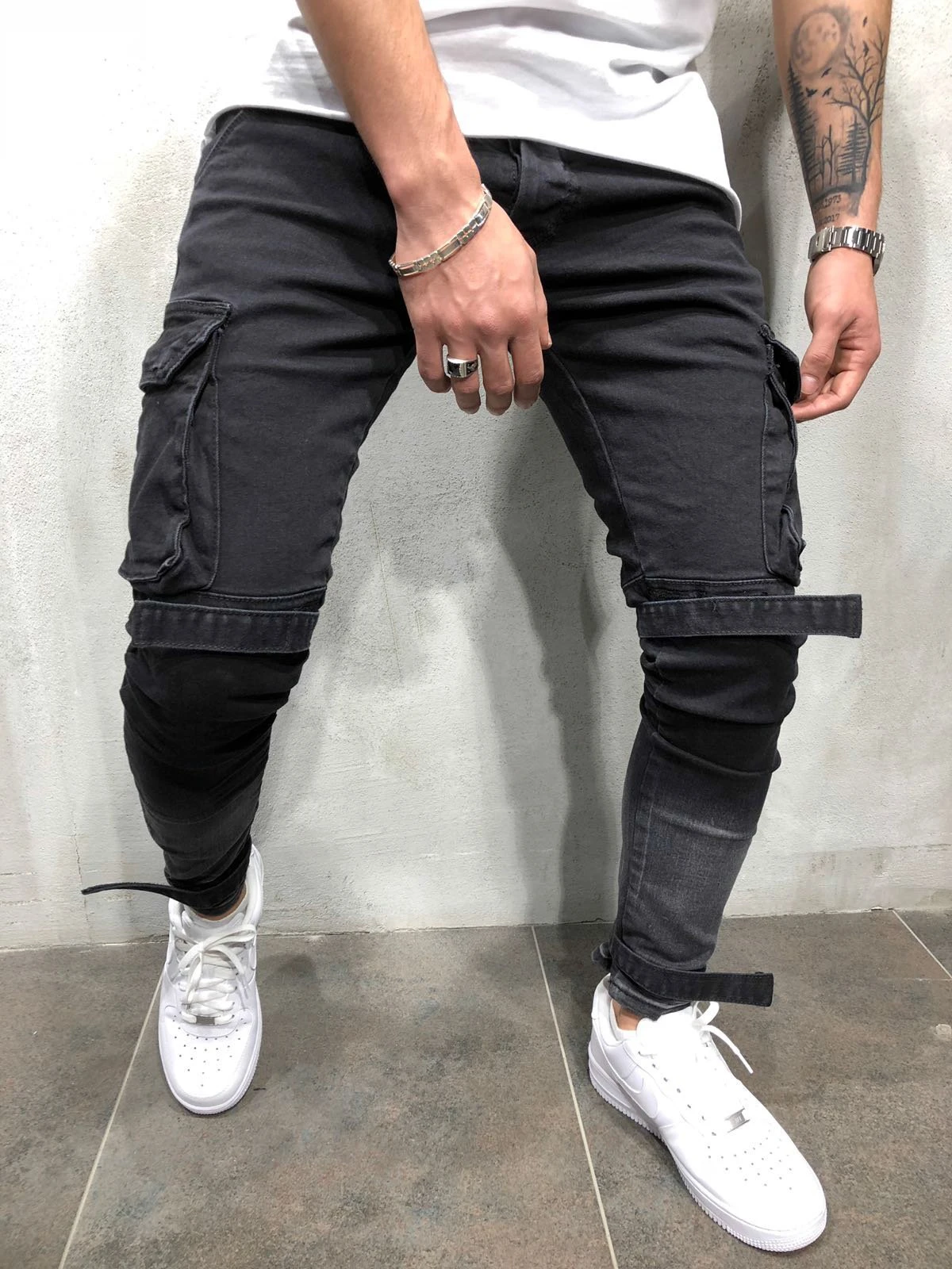 de hombre 2018 moda grande bolsillo Casual negro Jeans para Pantalones vaqueros ajustados vaqueros elásticos|Pantalones vaqueros| - AliExpress