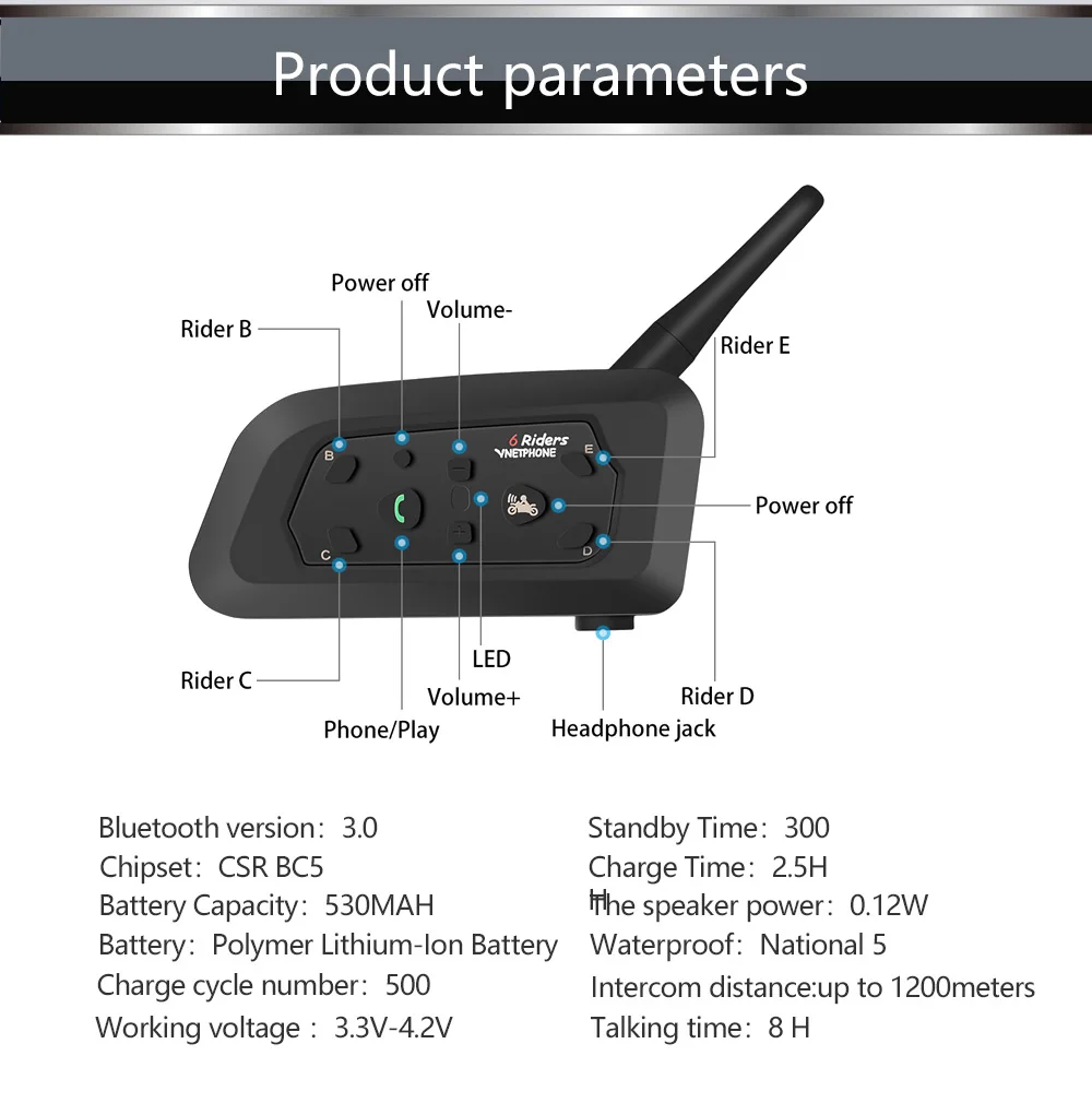 Talkie Multi-função de Intercomunicador Moto Sem Fio Interphone para 6 pilotos
